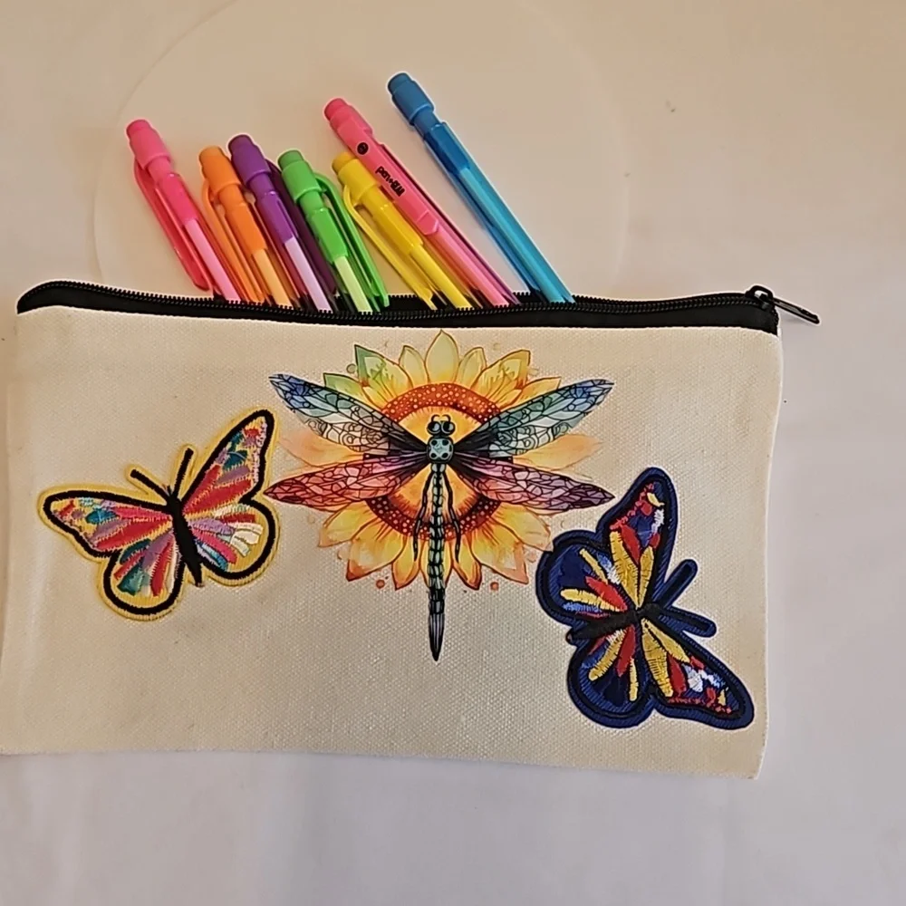 Hand Crafted canvas makeup bag pencil case iron transfer embroidery butterfly
